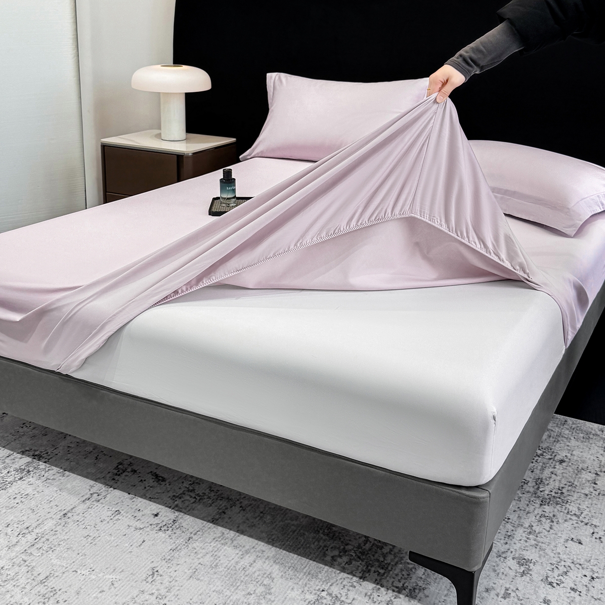 91家纺网 家纺一手货源 找家纺 （总）莱势 2026新品100支全棉纯棉50x50s贡缎长绒棉纯色素色单品床单 床笠 枕套