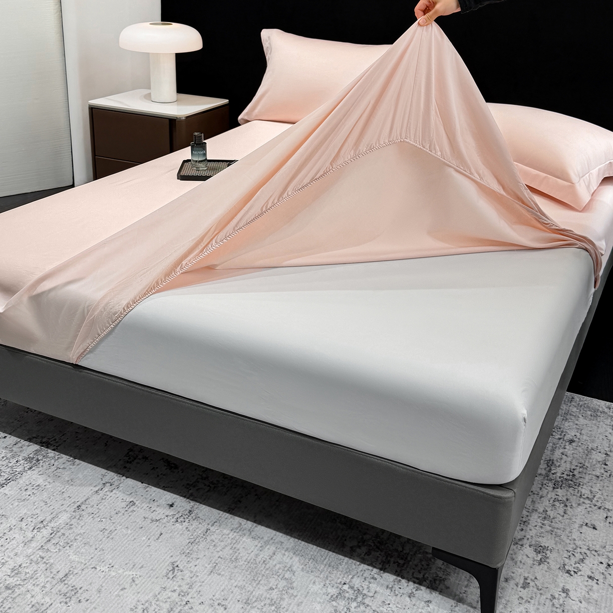 莱势 2026新品100支全棉纯棉50x50s贡缎长绒棉纯色素色单品床单 床笠 枕套 轻奢粉