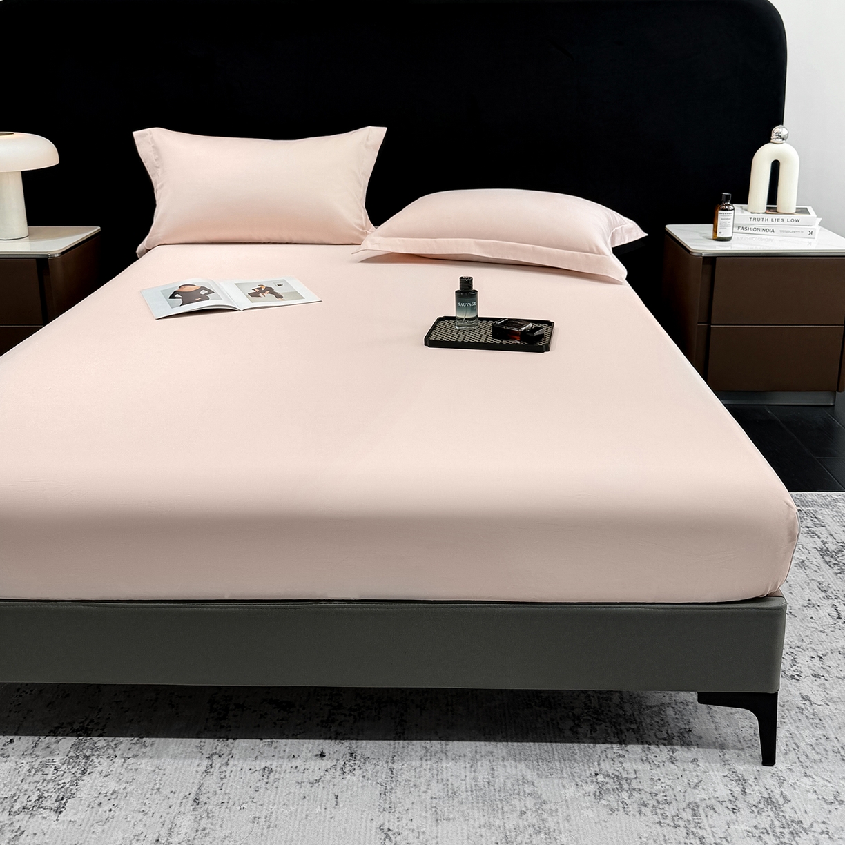 91家纺网 家纺一手货源 找家纺 莱势 2026新品100支全棉纯棉50x50s贡缎长绒棉纯色素色单品床单 床笠 枕套 轻奢粉