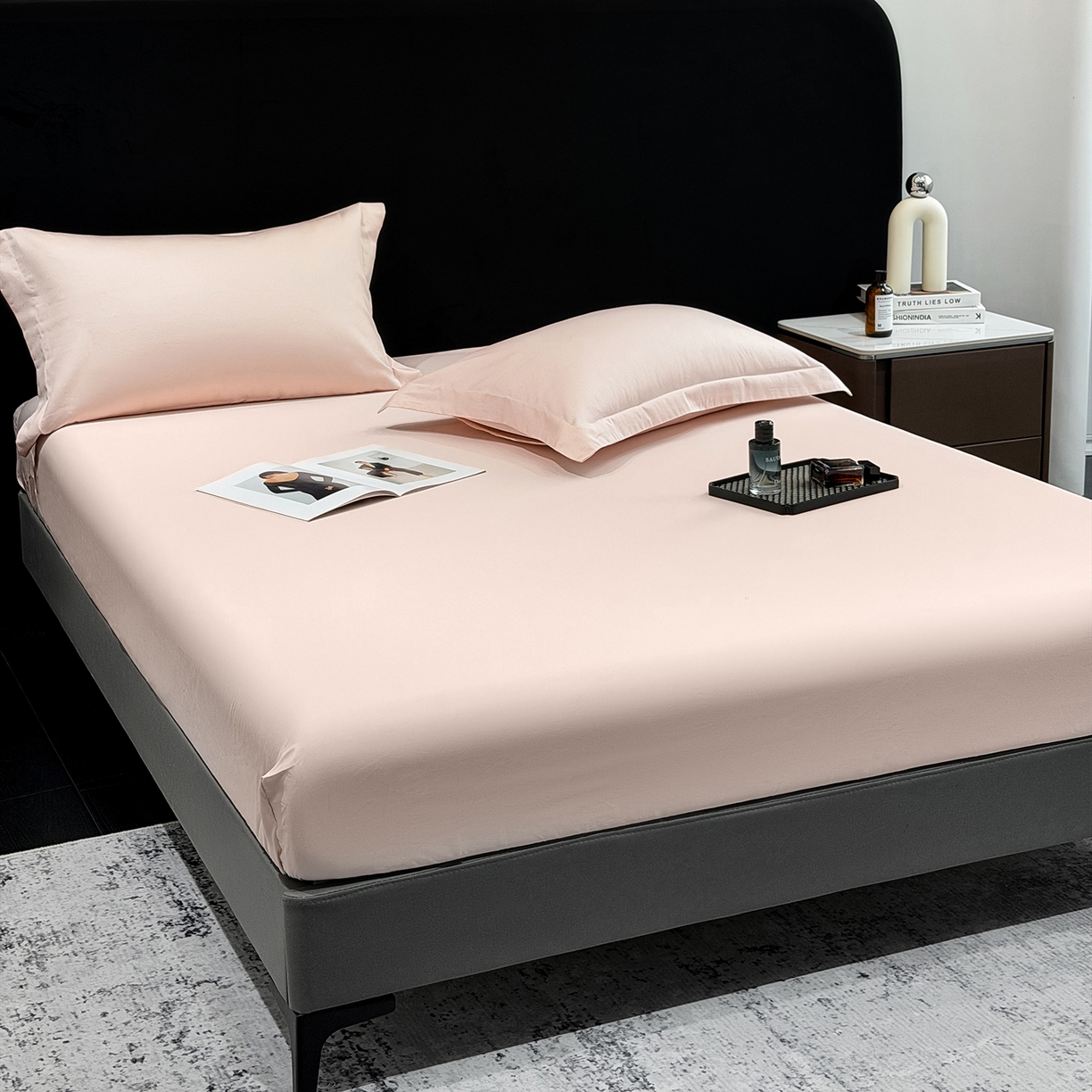 91家纺网 家纺一手货源 找家纺 莱势 2026新品100支全棉纯棉50x50s贡缎长绒棉纯色素色单品床单 床笠 枕套 轻奢粉