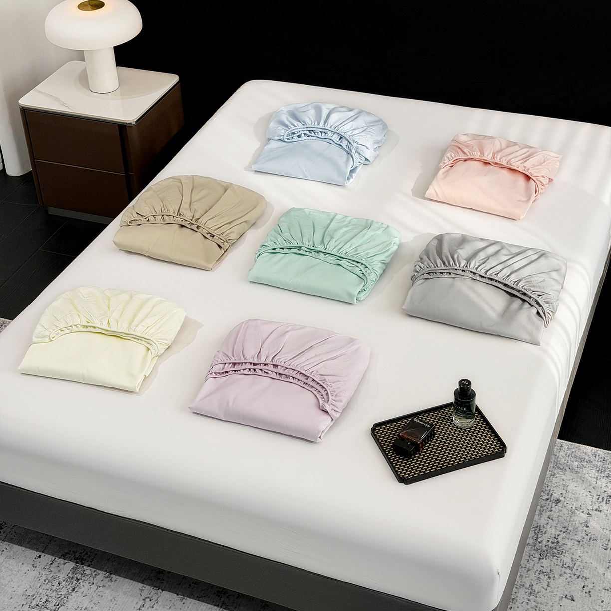 91家纺网 家纺一手货源 找家纺 莱势 2026新品100支全棉纯棉50x50s贡缎长绒棉纯色素色单品床单 床笠 枕套 轻奢粉