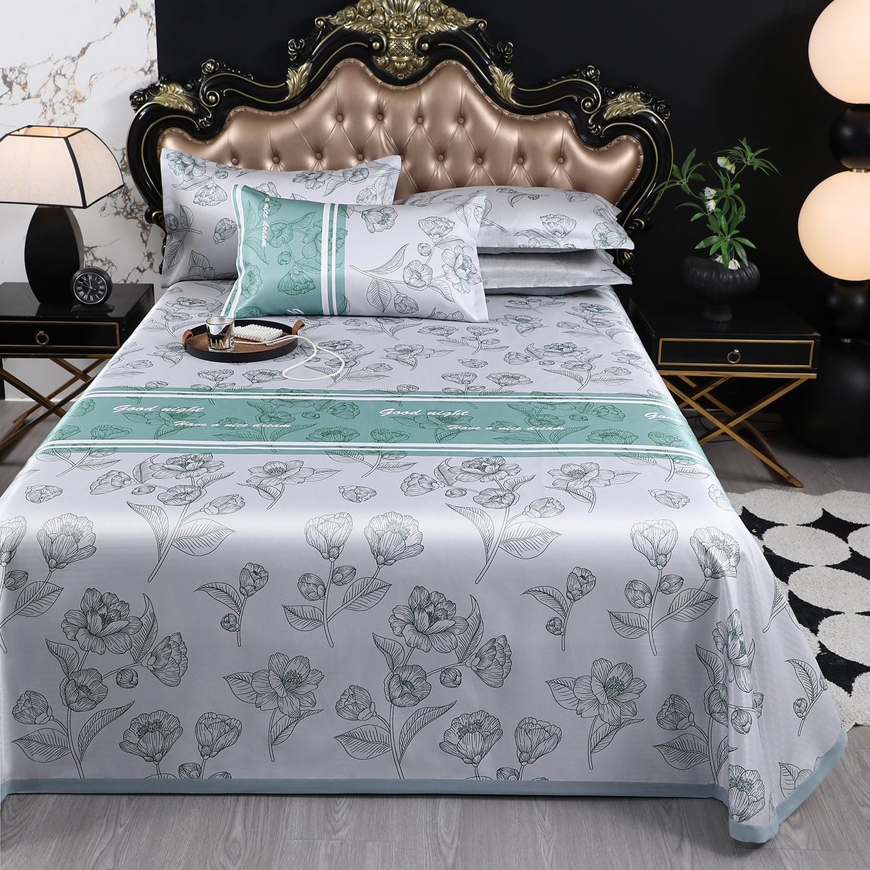 91家纺网 家纺一手货源 找家纺 悦织湾家纺 2026新款印花冰丝席三件套斜纹加厚冰丝凉席套件可机洗可折叠夏凉席子 浪漫夜雨