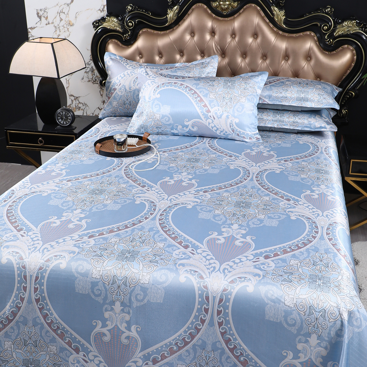 91家纺网 家纺一手货源 找家纺 悦织湾家纺 2026新款印花冰丝席三件套斜纹加厚冰丝凉席套件可机洗可折叠夏凉席子 欧式典雅