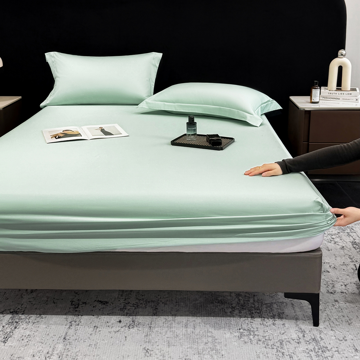 91家纺网 家纺一手货源 找家纺 莱势 2026新品100支全棉纯棉50x50s贡缎长绒棉纯色素色单品床单 床笠 枕套 绿野仙踪