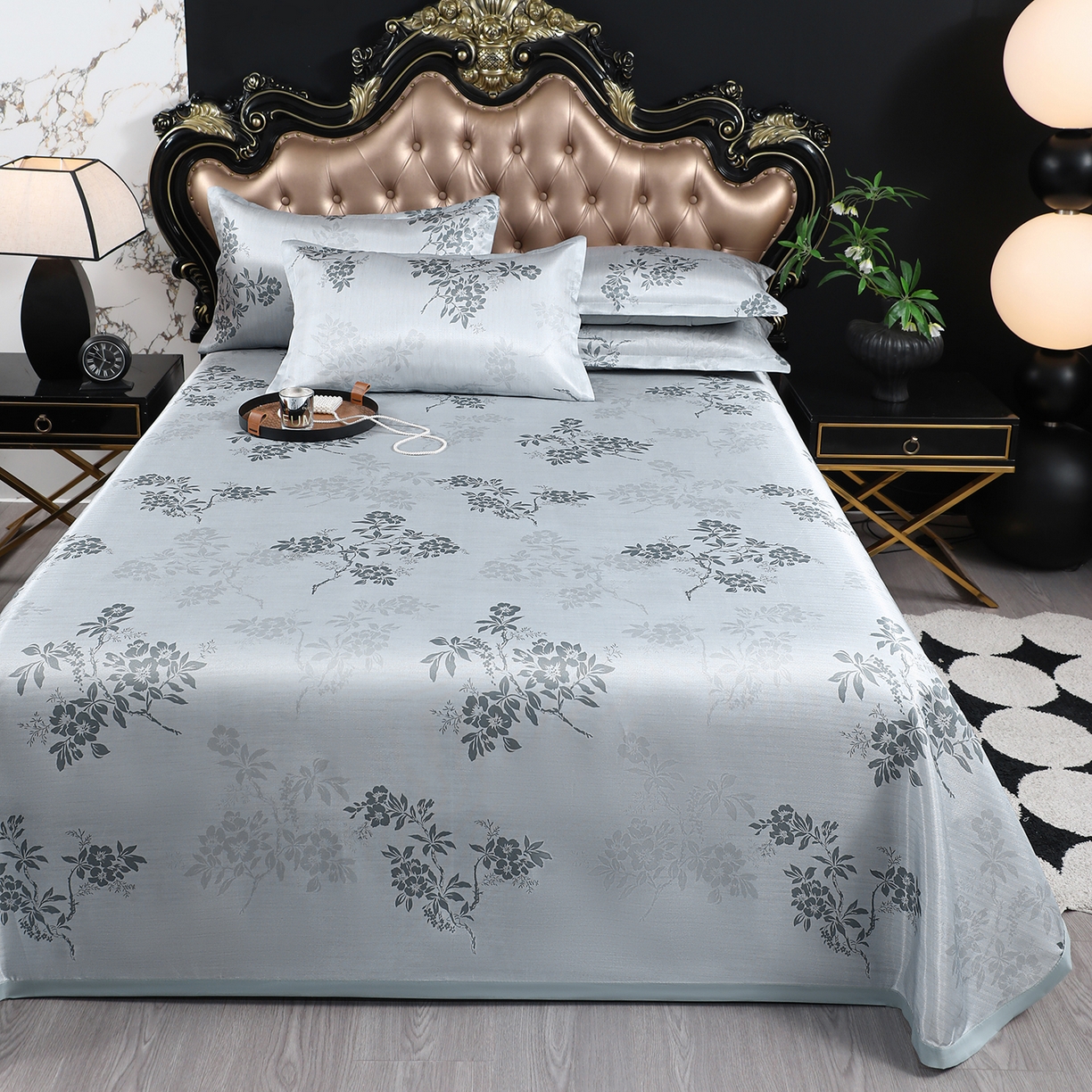 91家纺网 家纺一手货源 找家纺 悦织湾家纺 2026新款印花冰丝席三件套斜纹加厚冰丝凉席套件可机洗可折叠夏凉席子 山茶花