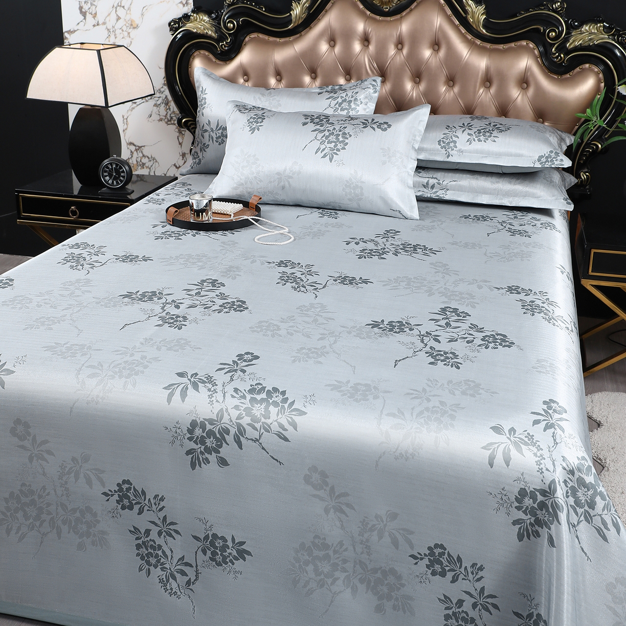 91家纺网 家纺一手货源 找家纺 悦织湾家纺 2026新款印花冰丝席三件套斜纹加厚冰丝凉席套件可机洗可折叠夏凉席子 山茶花