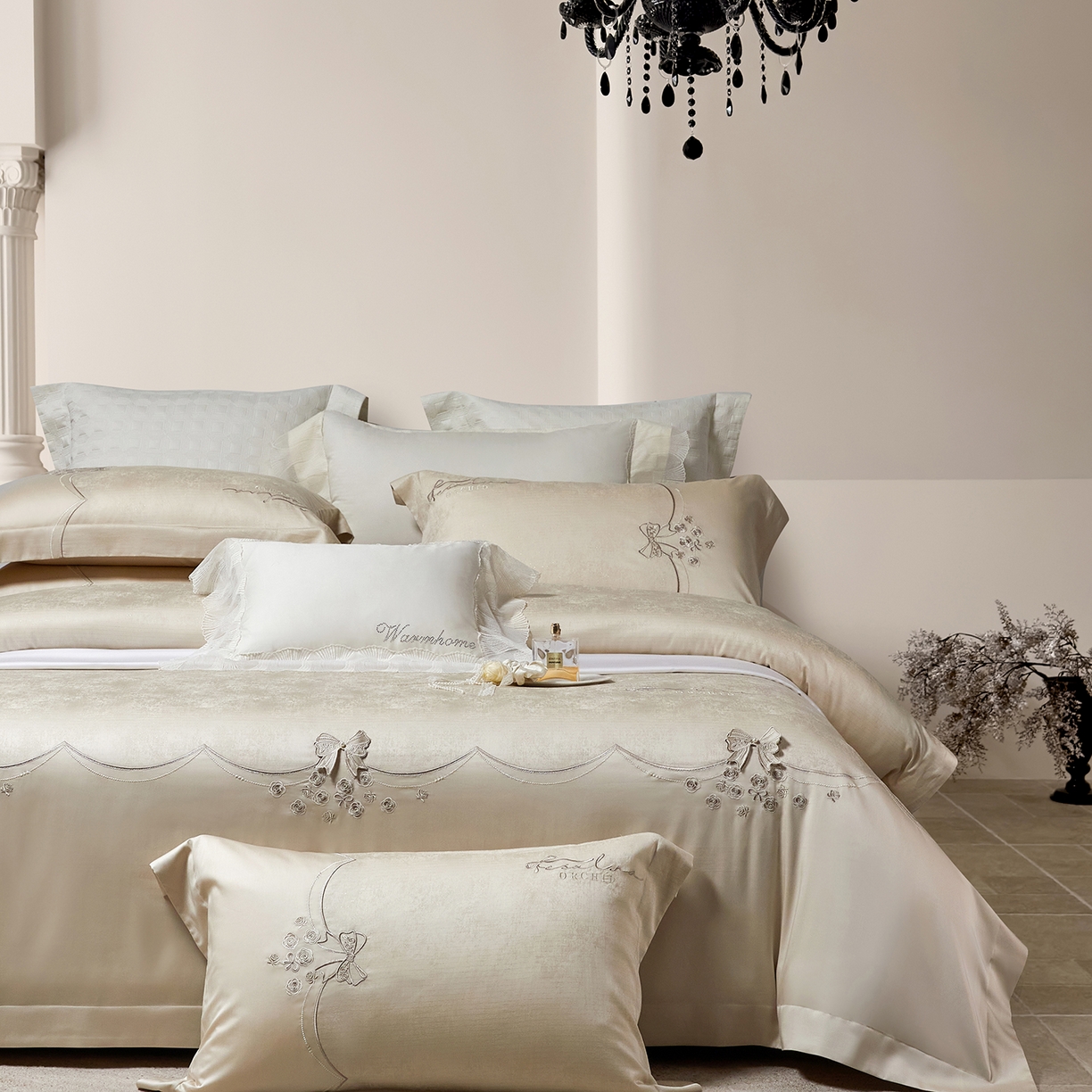 91家纺网 家纺一手货源 找家纺 蒂爵 2026新款天丝棉提花四件套 香槟金