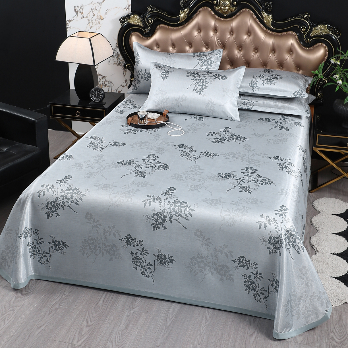 91家纺网 家纺一手货源 找家纺 悦织湾家纺 2026新款印花冰丝席三件套斜纹加厚冰丝凉席套件可机洗可折叠夏凉席子 山茶花