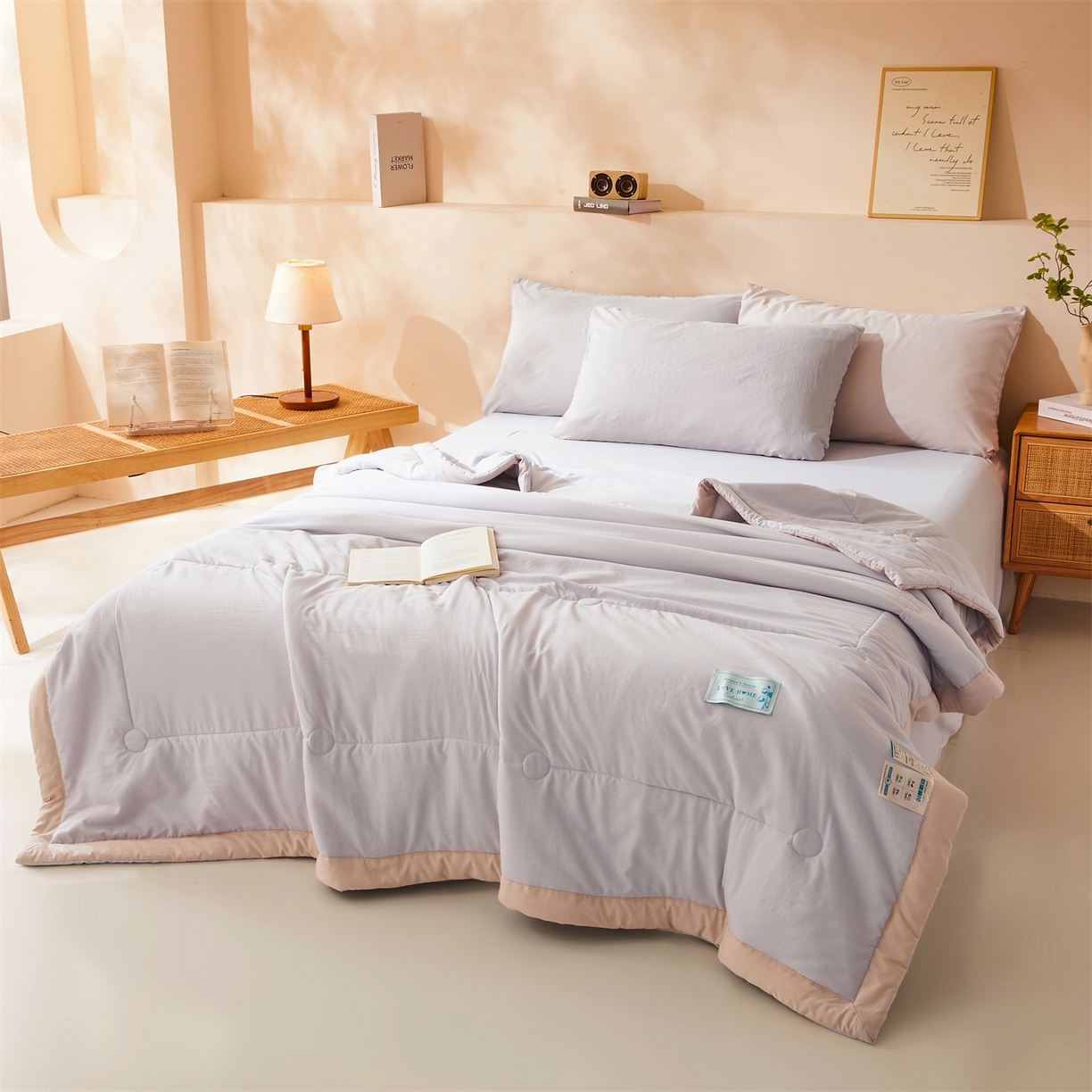 91家纺网 家纺一手货源 找家纺 罗布斯 2026新款简约纯色风水洗棉双拼夏被新疆棉花被夏凉被空调被(买家秀加微） 月光灰