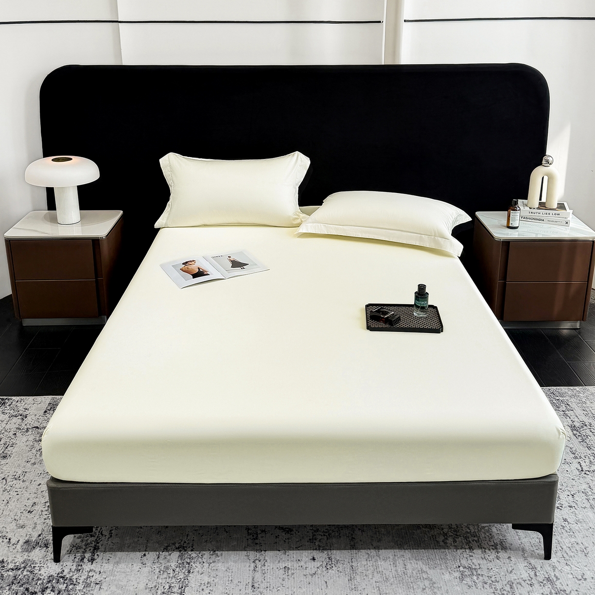 91家纺网 家纺一手货源 找家纺 莱势 2026新品100支全棉纯棉50x50s贡缎长绒棉纯色素色单品床单 床笠 枕套 奶昔白