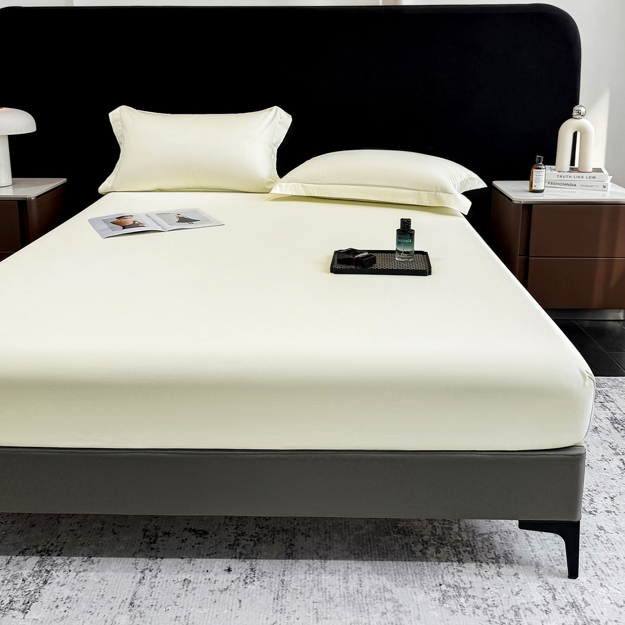 91家纺网 家纺一手货源 找家纺 莱势 2026新品100支全棉纯棉50x50s贡缎长绒棉纯色素色单品床单 床笠 枕套 奶昔白