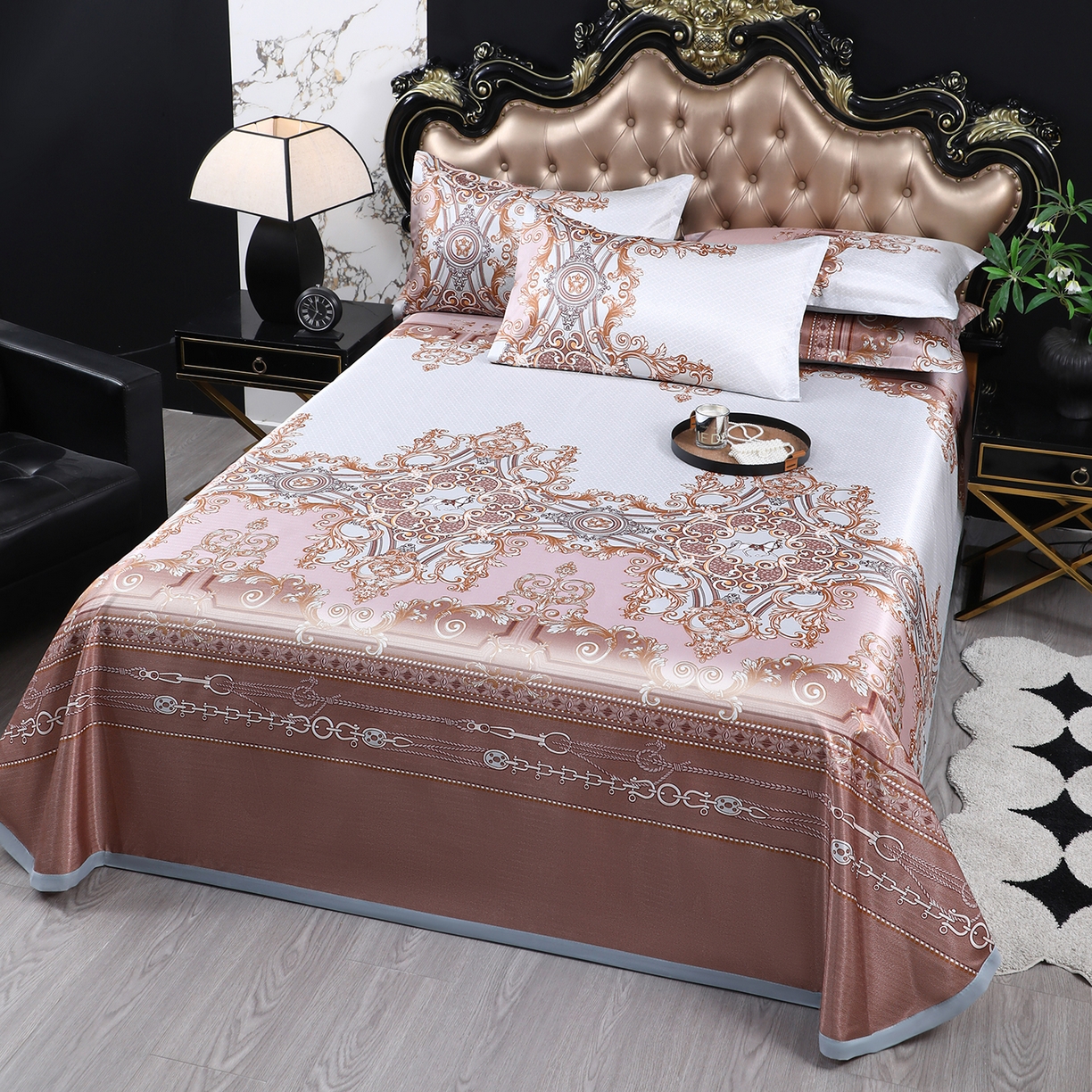 91家纺网 家纺一手货源 找家纺 悦织湾家纺 2026新款印花冰丝席三件套斜纹加厚冰丝凉席套件可机洗可折叠夏凉席子 西欧风情