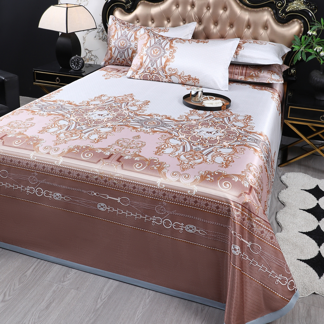 91家纺网 家纺一手货源 找家纺 悦织湾家纺 2026新款印花冰丝席三件套斜纹加厚冰丝凉席套件可机洗可折叠夏凉席子 西欧风情