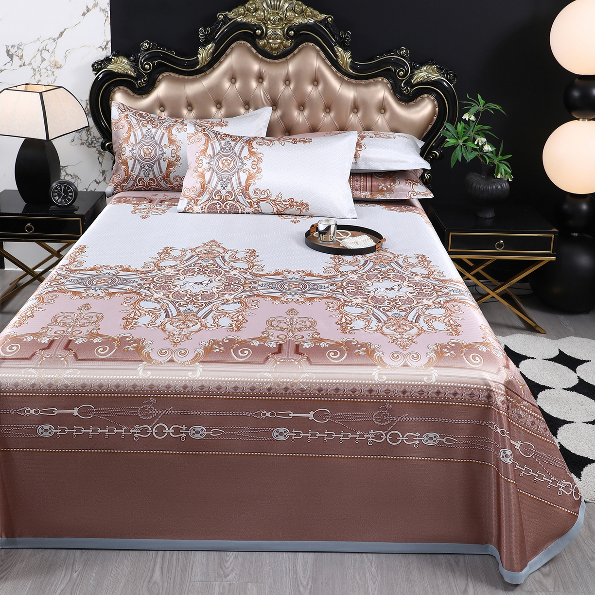 91家纺网 家纺一手货源 找家纺 悦织湾家纺 2026新款印花冰丝席三件套斜纹加厚冰丝凉席套件可机洗可折叠夏凉席子 西欧风情