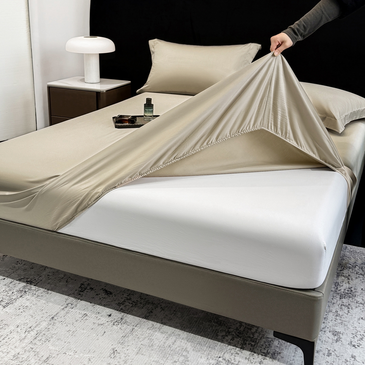 莱势 2026新品100支全棉纯棉50x50s贡缎长绒棉纯色素色单品床单 床笠 枕套 浅驼