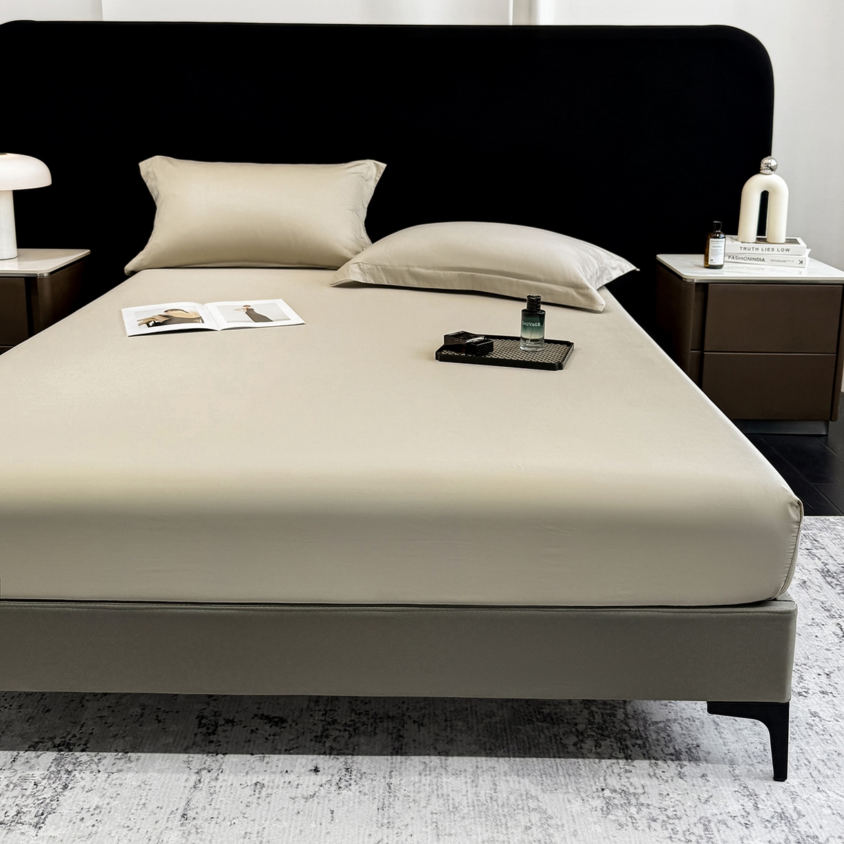 91家纺网 家纺一手货源 找家纺 莱势 2026新品100支全棉纯棉50x50s贡缎长绒棉纯色素色单品床单 床笠 枕套 浅驼