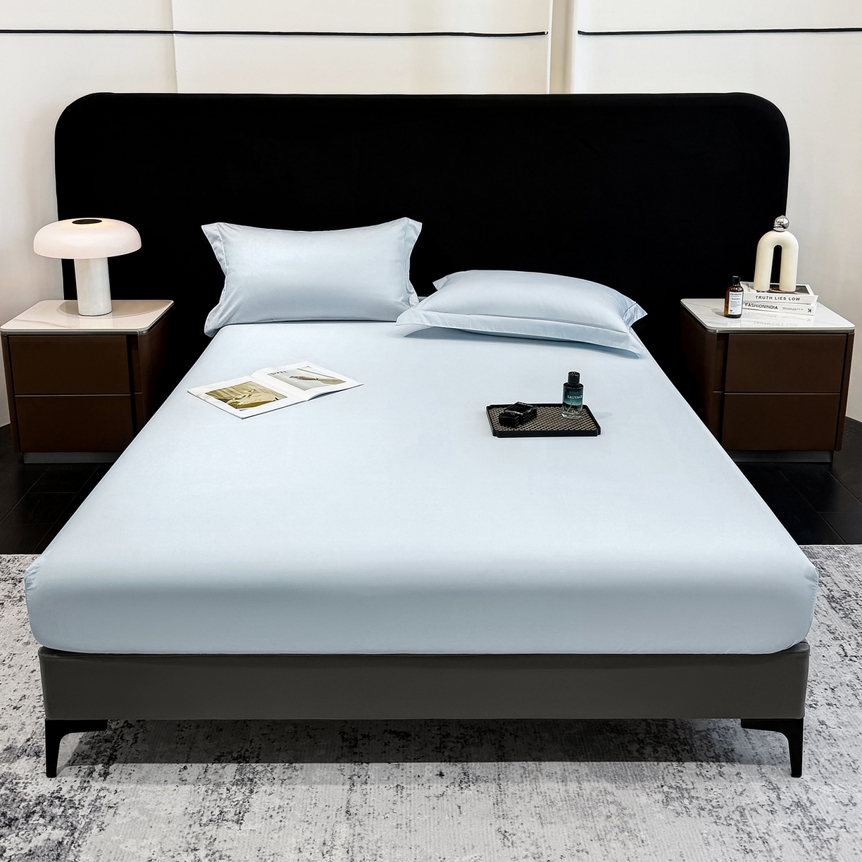 91家纺网 家纺一手货源 找家纺 莱势 2026新品100支全棉纯棉50x50s贡缎长绒棉纯色素色单品床单 床笠 枕套 天空蓝