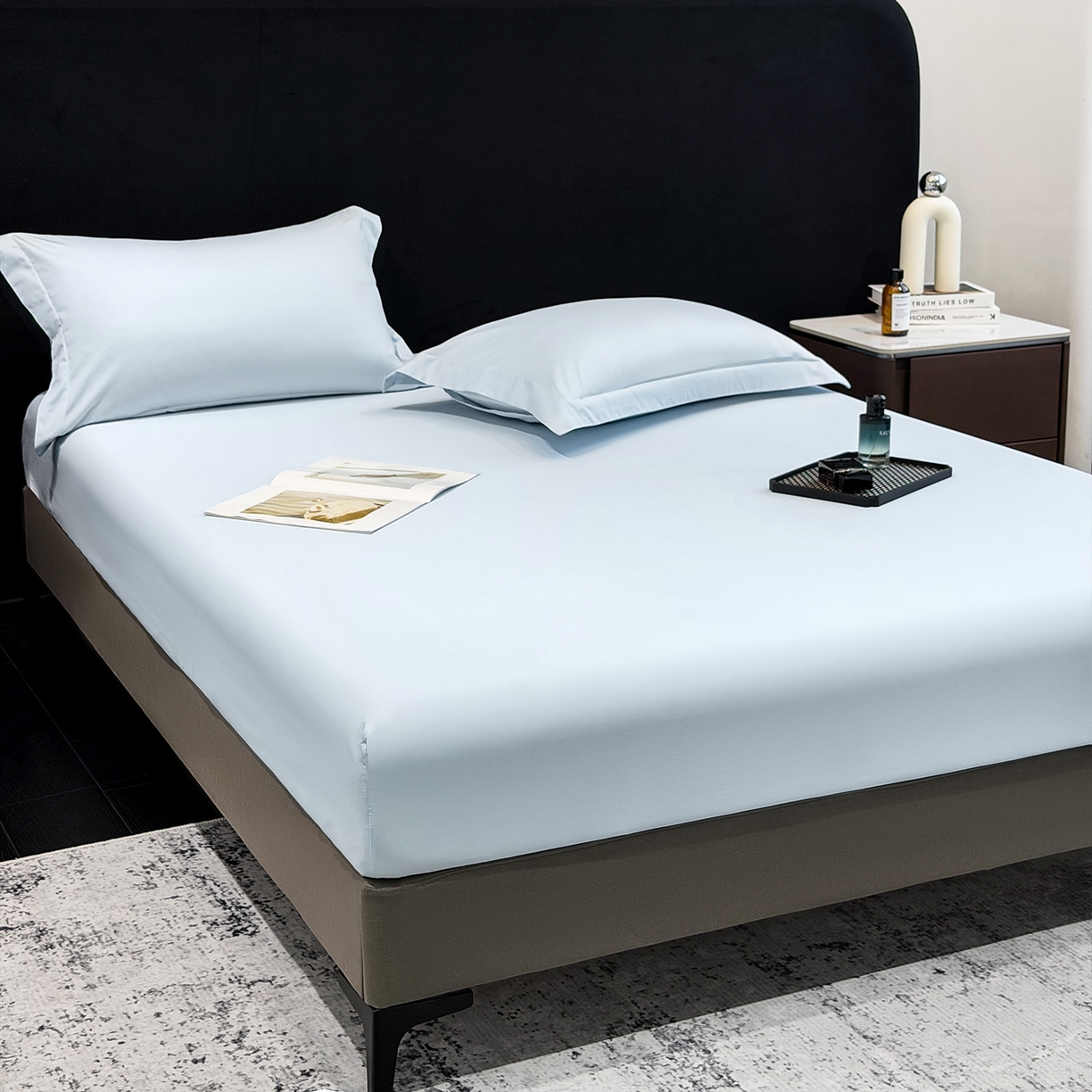 91家纺网 家纺一手货源 找家纺 莱势 2026新品100支全棉纯棉50x50s贡缎长绒棉纯色素色单品床单 床笠 枕套 天空蓝