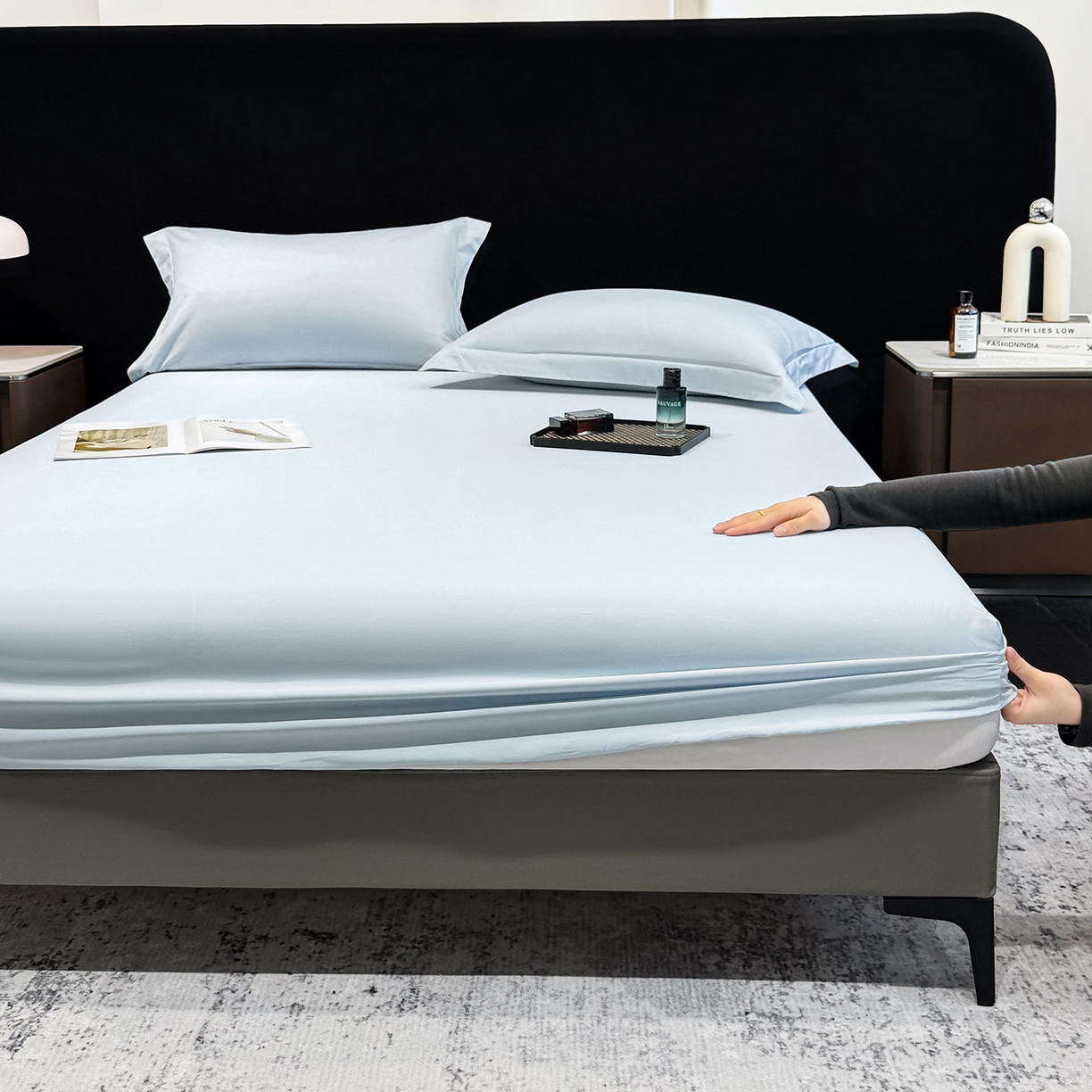 91家纺网 家纺一手货源 找家纺 莱势 2026新品100支全棉纯棉50x50s贡缎长绒棉纯色素色单品床单 床笠 枕套 天空蓝