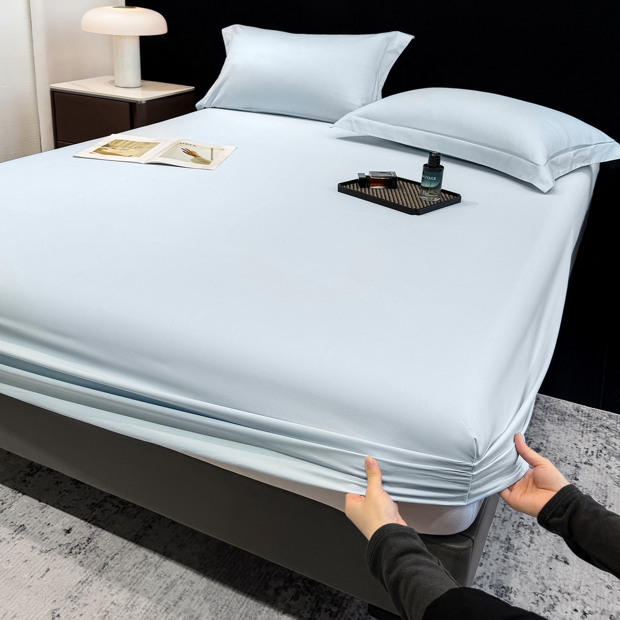 91家纺网 家纺一手货源 找家纺 莱势 2026新品100支全棉纯棉50x50s贡缎长绒棉纯色素色单品床单 床笠 枕套 天空蓝