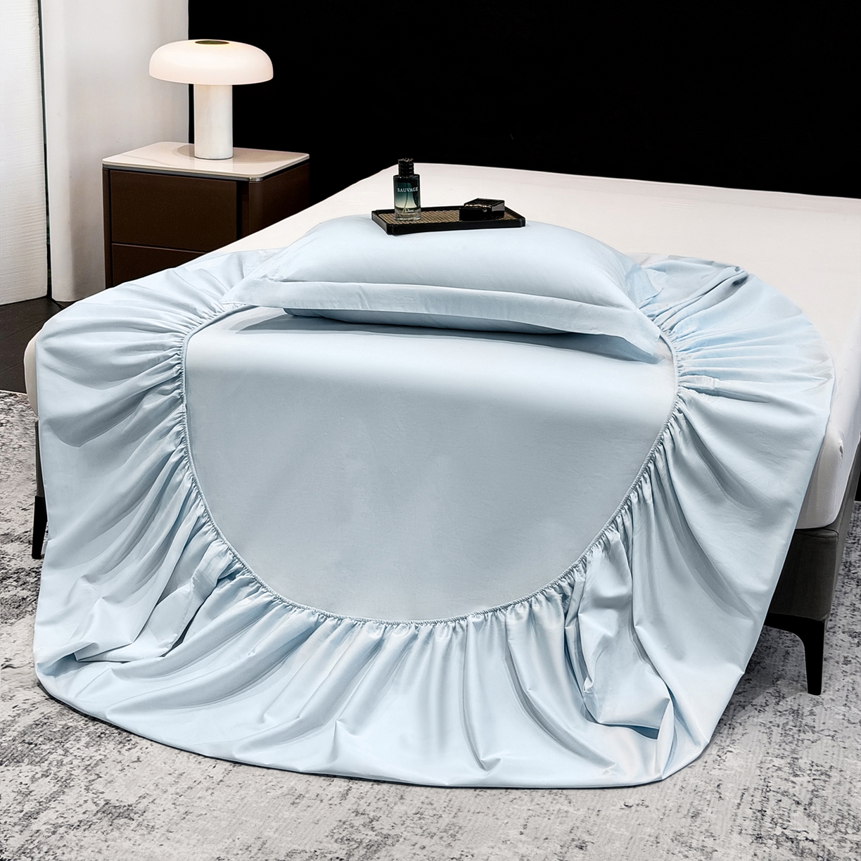 91家纺网 家纺一手货源 找家纺 莱势 2026新品100支全棉纯棉50x50s贡缎长绒棉纯色素色单品床单 床笠 枕套 天空蓝