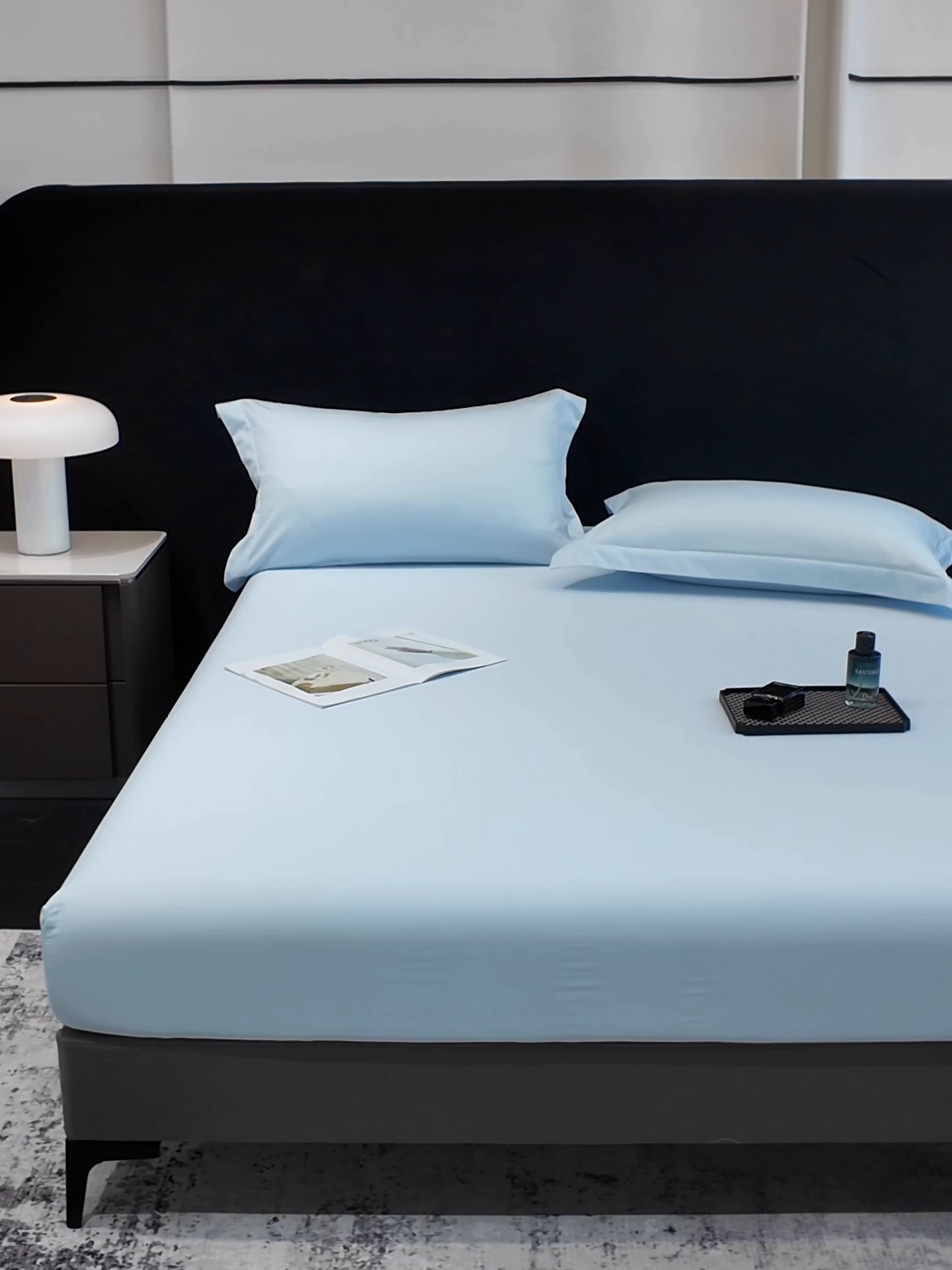 91家纺网 家纺一手货源 找家纺 莱势 2026新品100支全棉纯棉50x50s贡缎长绒棉纯色素色单品床单 床笠 枕套 天空蓝