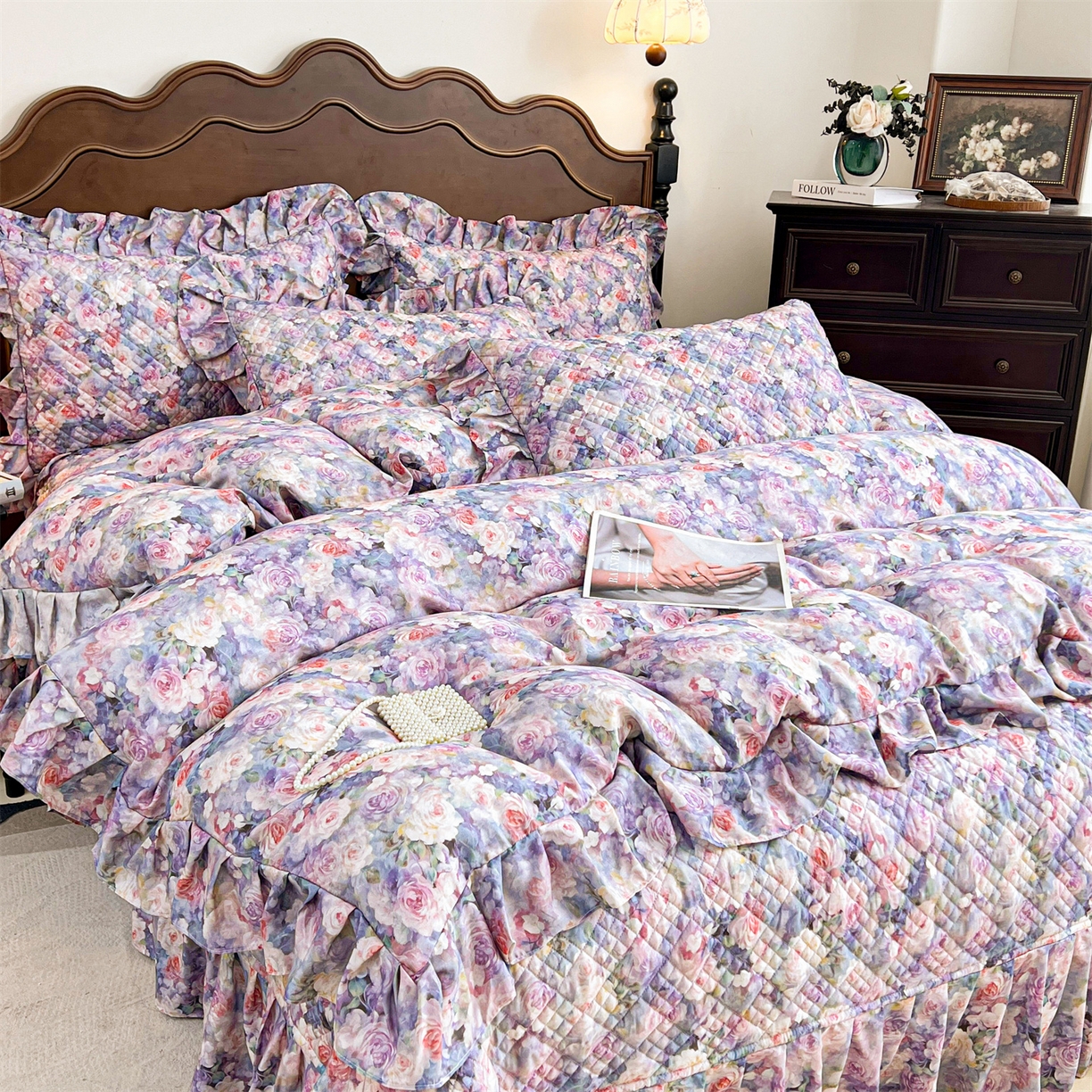 91家纺网 家纺一手货源 找家纺 宜凡 2026新款莱赛尔夹棉床盖四件套单被套 海棠碎影