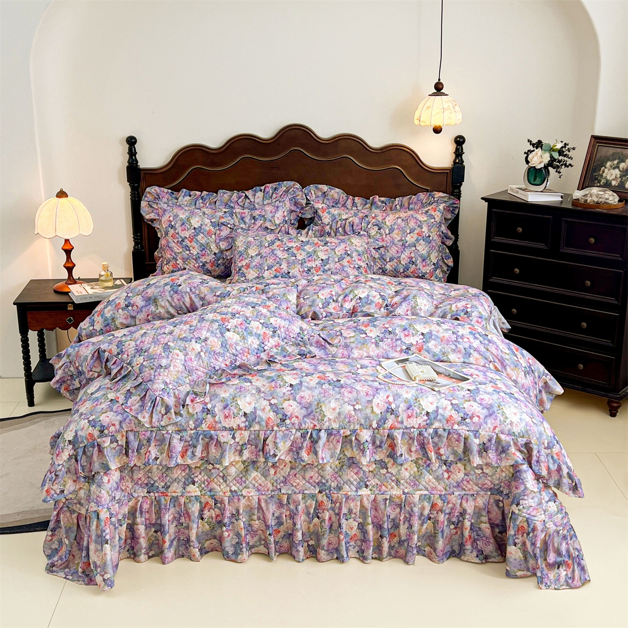 91家纺网 家纺一手货源 找家纺 宜凡 2026新款莱赛尔夹棉床盖四件套单被套 海棠碎影