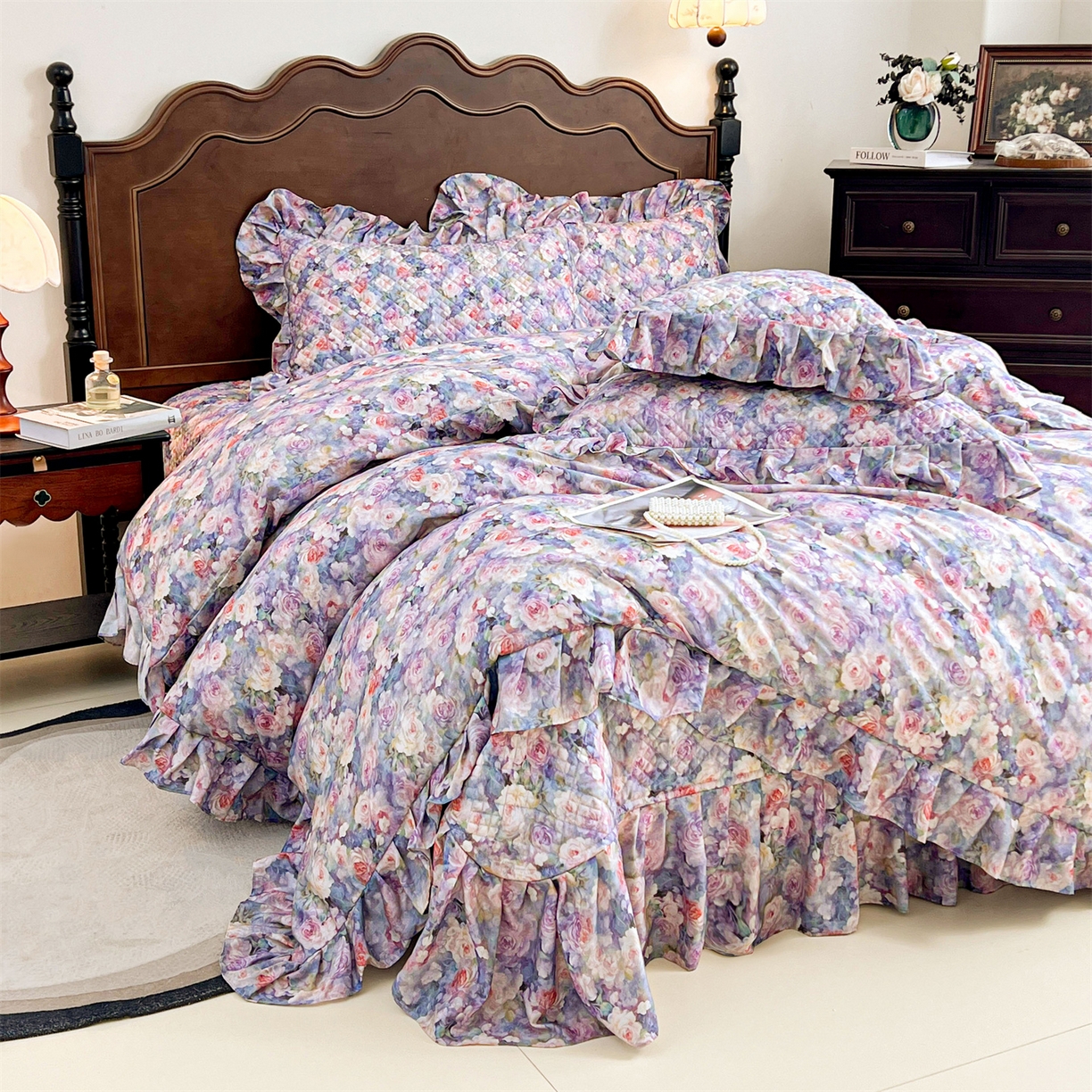 宜凡 2026新款莱赛尔夹棉床盖四件套单被套 海棠碎影