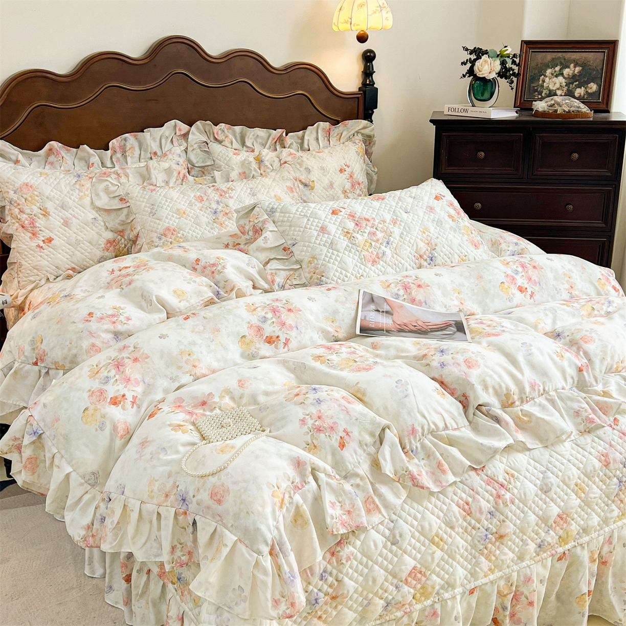 91家纺网 家纺一手货源 找家纺 宜凡 2026新款莱赛尔夹棉床盖四件套单被套 海棠听风