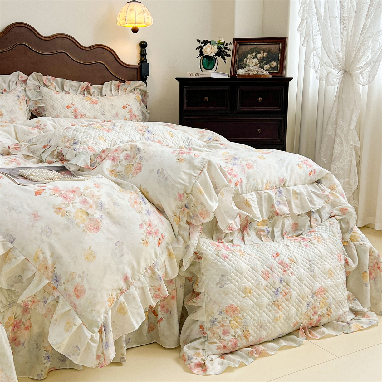 91家纺网 家纺一手货源 找家纺 宜凡 2026新款莱赛尔夹棉床盖四件套单被套 海棠听风