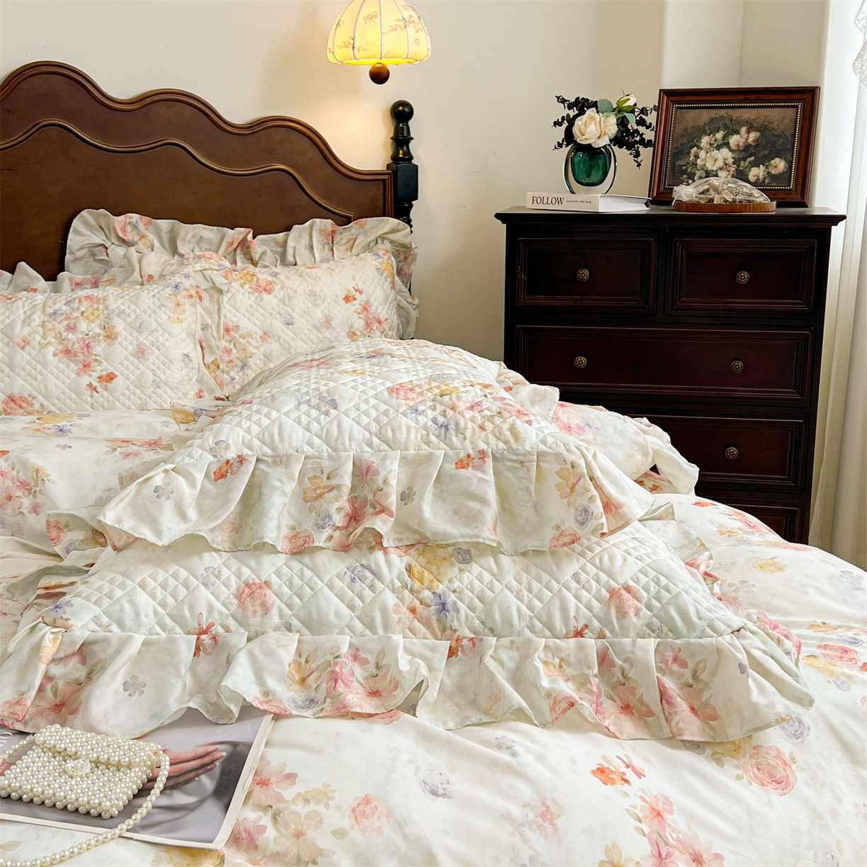 91家纺网 家纺一手货源 找家纺 宜凡 2026新款莱赛尔夹棉床盖四件套单被套 海棠听风