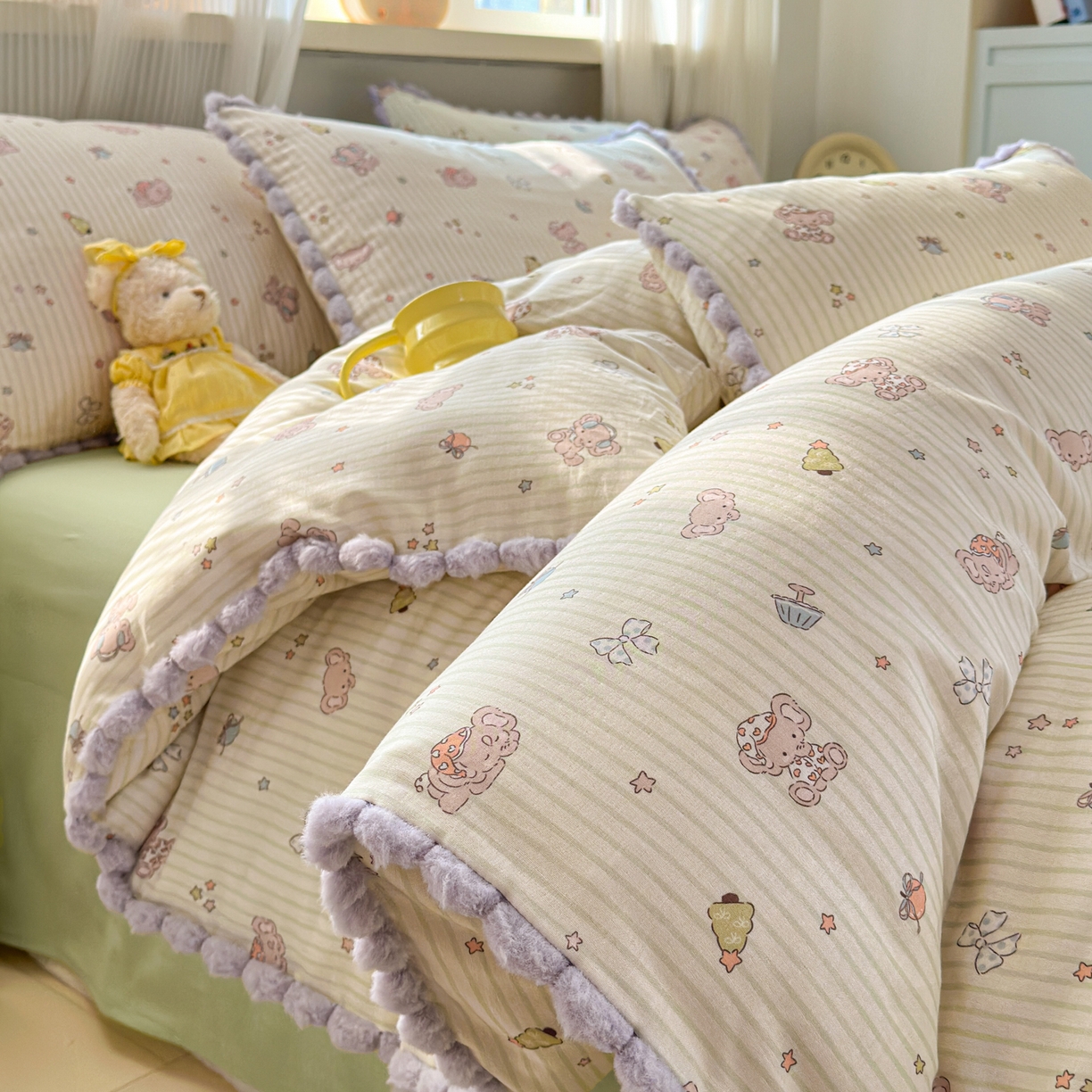 丽涵家纺 2026新款全棉双层纱全棉纯棉大雁纹毛球花边四件套 音乐小象-绿