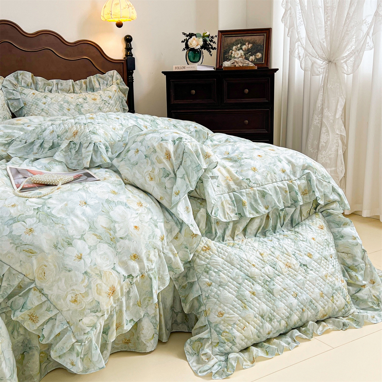 91家纺网 家纺一手货源 找家纺 宜凡 2026新款莱赛尔夹棉床盖四件套单被套 栀子花年