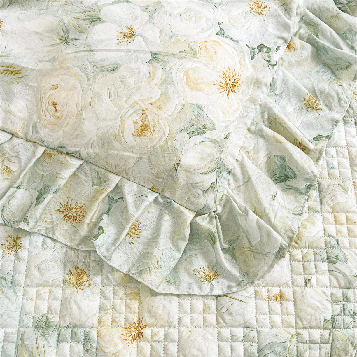 91家纺网 家纺一手货源 找家纺 宜凡 2026新款莱赛尔夹棉床盖四件套单被套 栀子花年