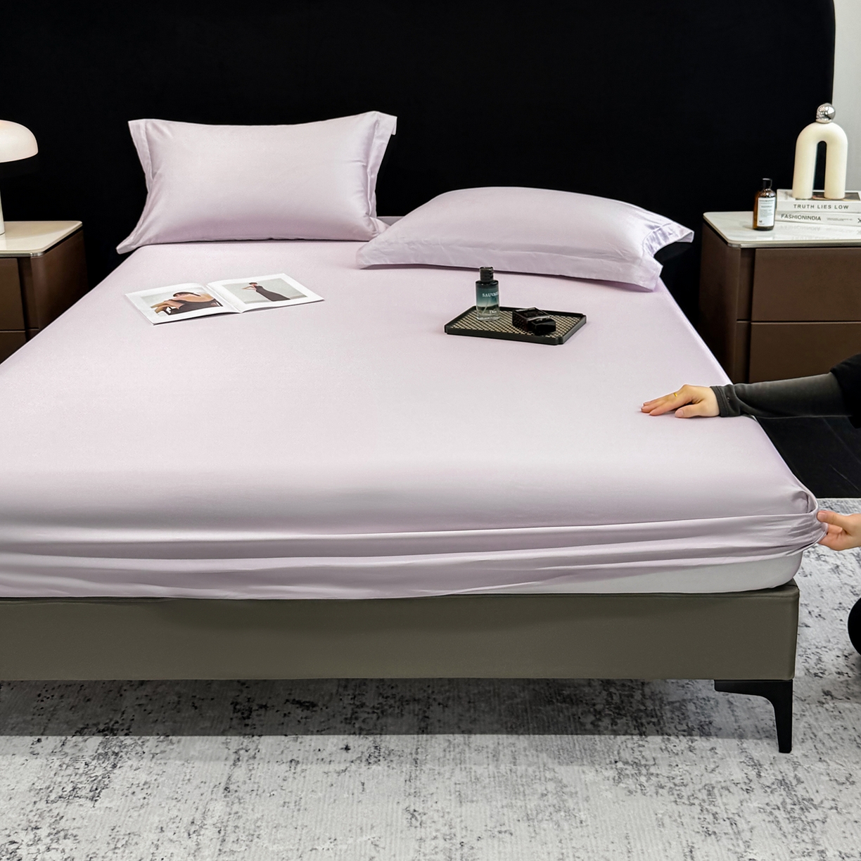 91家纺网 家纺一手货源 找家纺 莱势 2026新品100支全棉纯棉50x50s贡缎长绒棉纯色素色单品床单 床笠 枕套 香芋紫