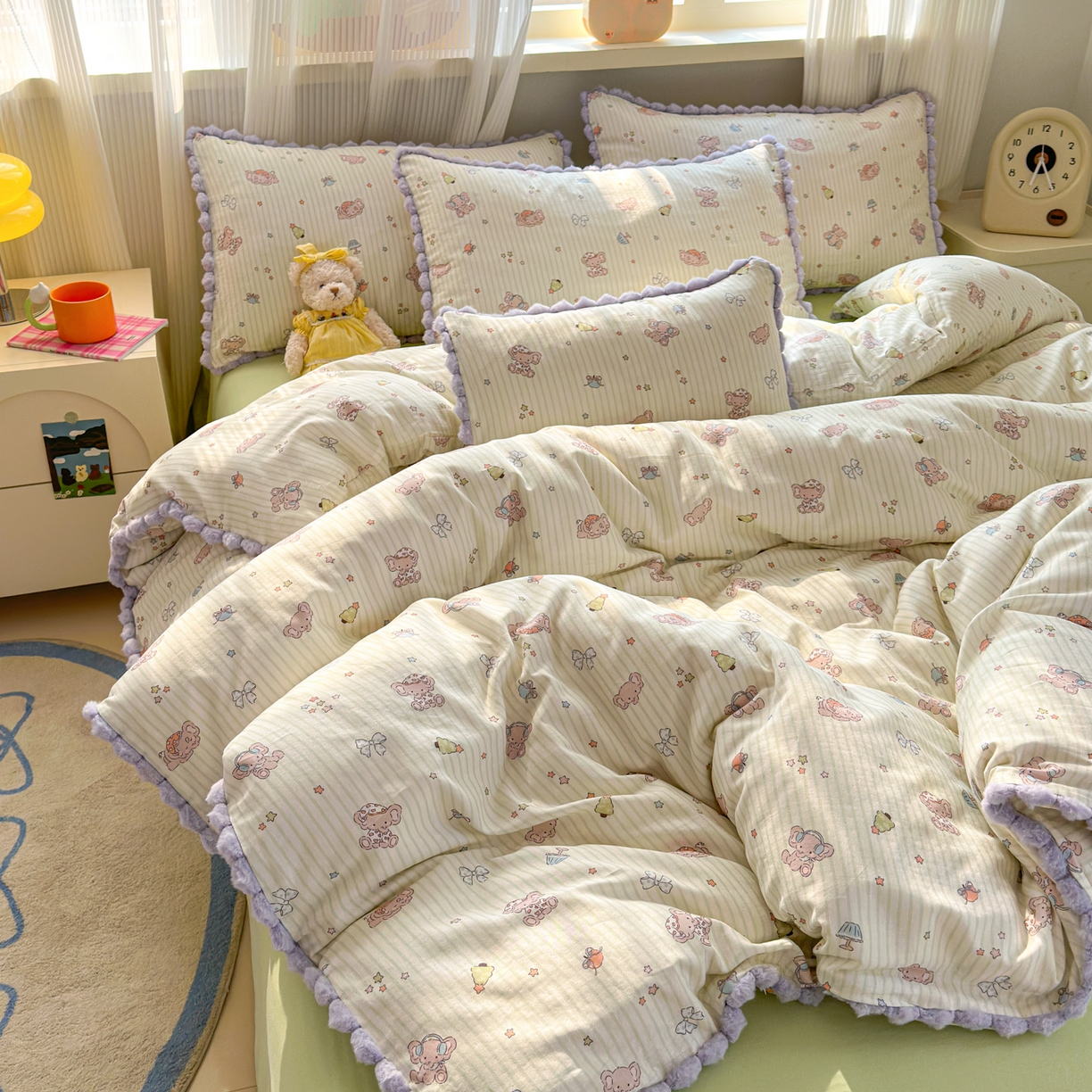 91家纺网 家纺一手货源 找家纺 丽涵家纺 2026新款全棉双层纱全棉纯棉大雁纹毛球花边四件套 音乐小象-绿