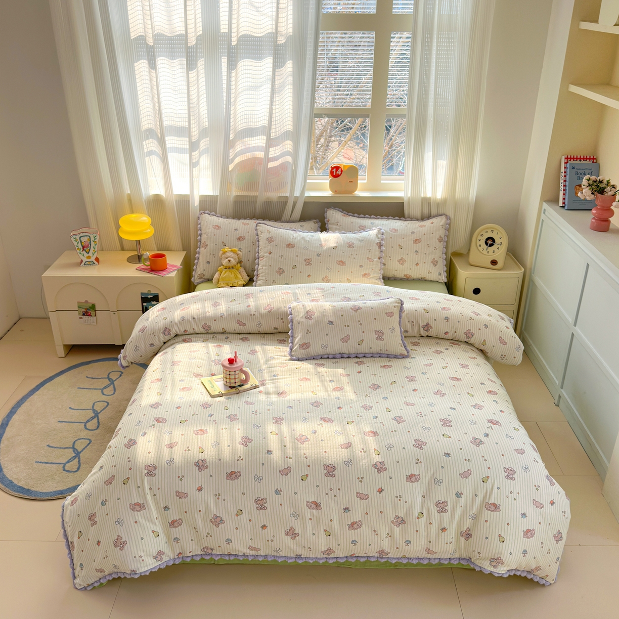 91家纺网 家纺一手货源 找家纺 丽涵家纺 2026新款全棉双层纱全棉纯棉大雁纹毛球花边四件套 音乐小象-绿