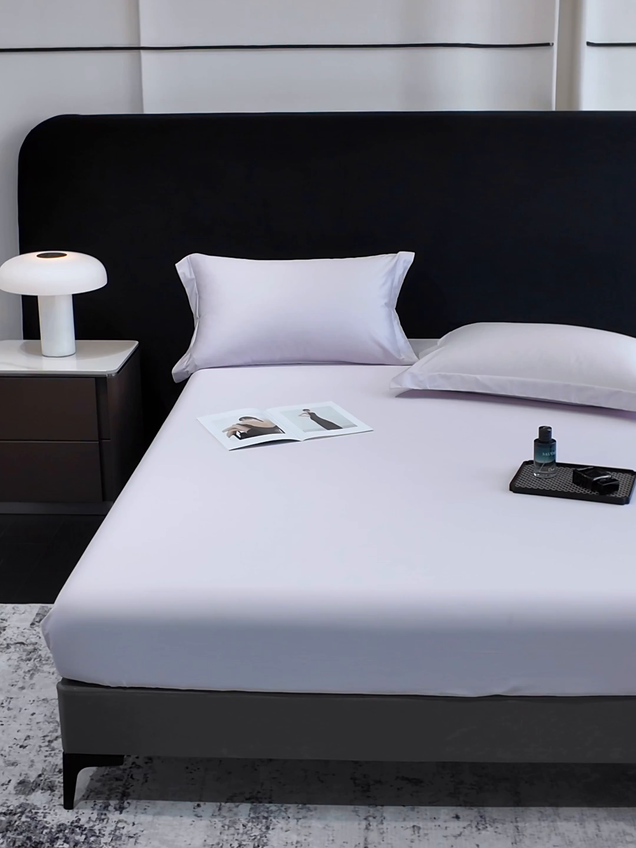 91家纺网 家纺一手货源 找家纺 莱势 2026新品100支全棉纯棉50x50s贡缎长绒棉纯色素色单品床单 床笠 枕套 香芋紫