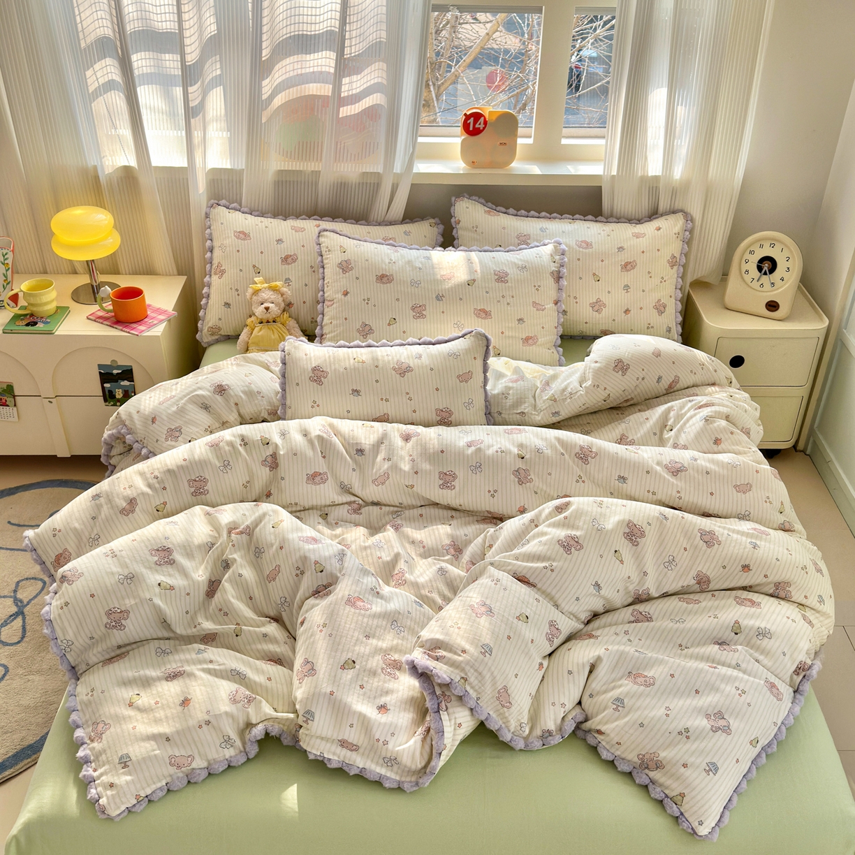 91家纺网 家纺一手货源 找家纺 丽涵家纺 2026新款全棉双层纱全棉纯棉大雁纹毛球花边四件套 音乐小象-绿