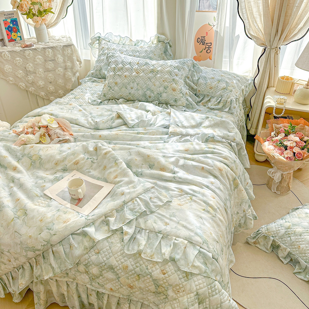 91家纺网 家纺一手货源 找家纺 （总）宜凡 2026新款莱赛尔数码印花夹棉床盖夏被四件套