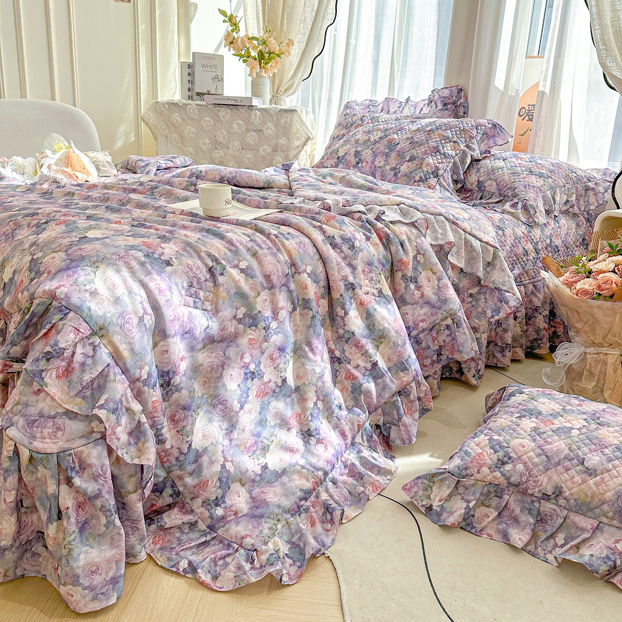 宜凡 2026新款莱赛尔数码印花夹棉床盖夏被四件套 海棠碎影