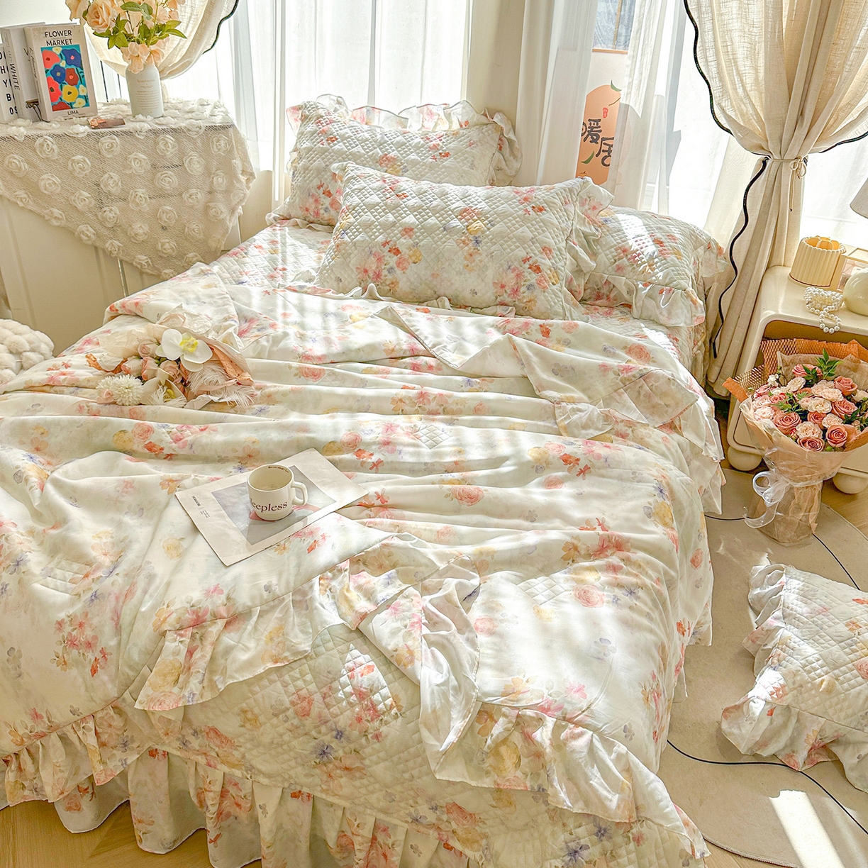 91家纺网 家纺一手货源 找家纺 宜凡 2026新款莱赛尔数码印花夹棉床盖夏被四件套 海棠听风