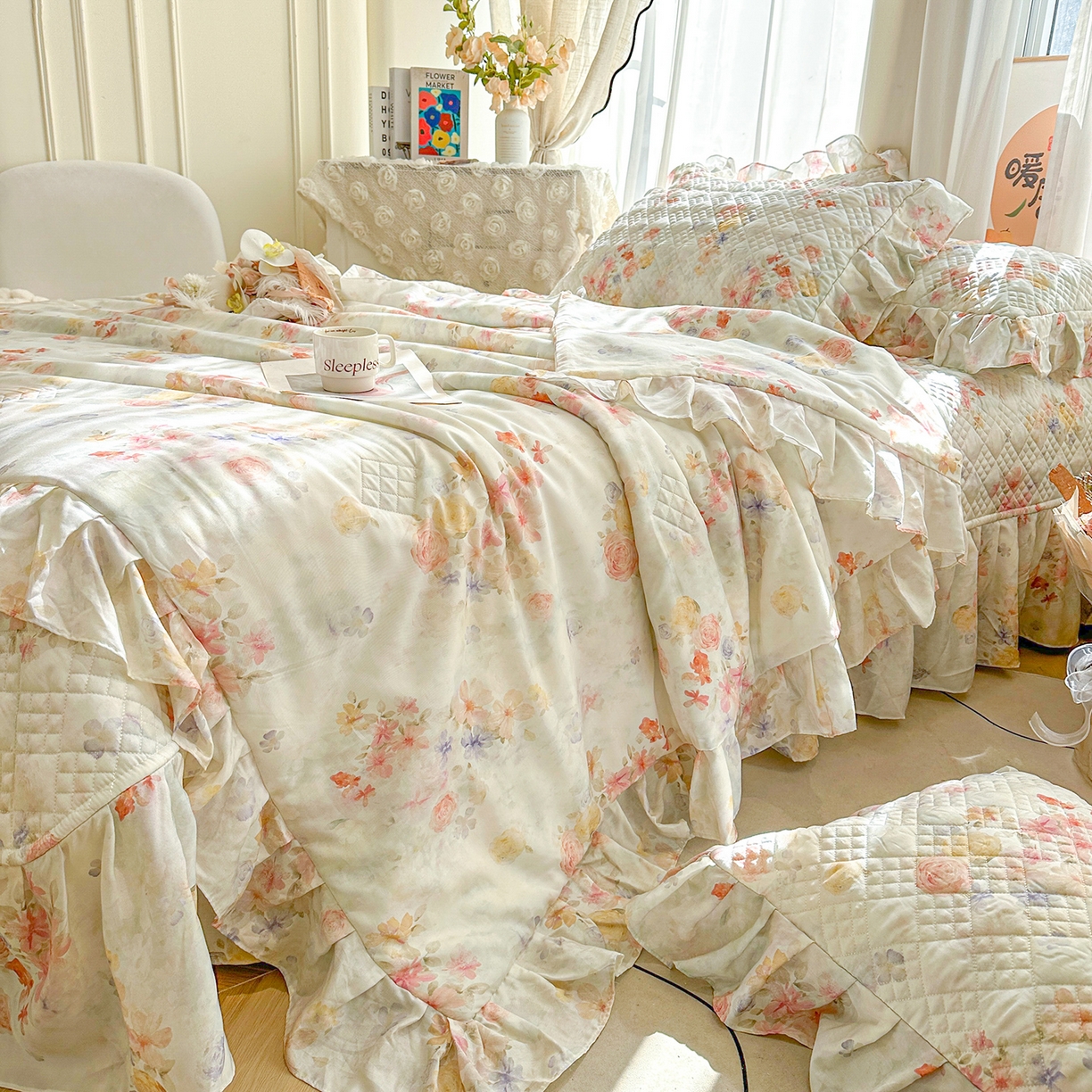宜凡 2026新款莱赛尔数码印花夹棉床盖夏被四件套 海棠听风
