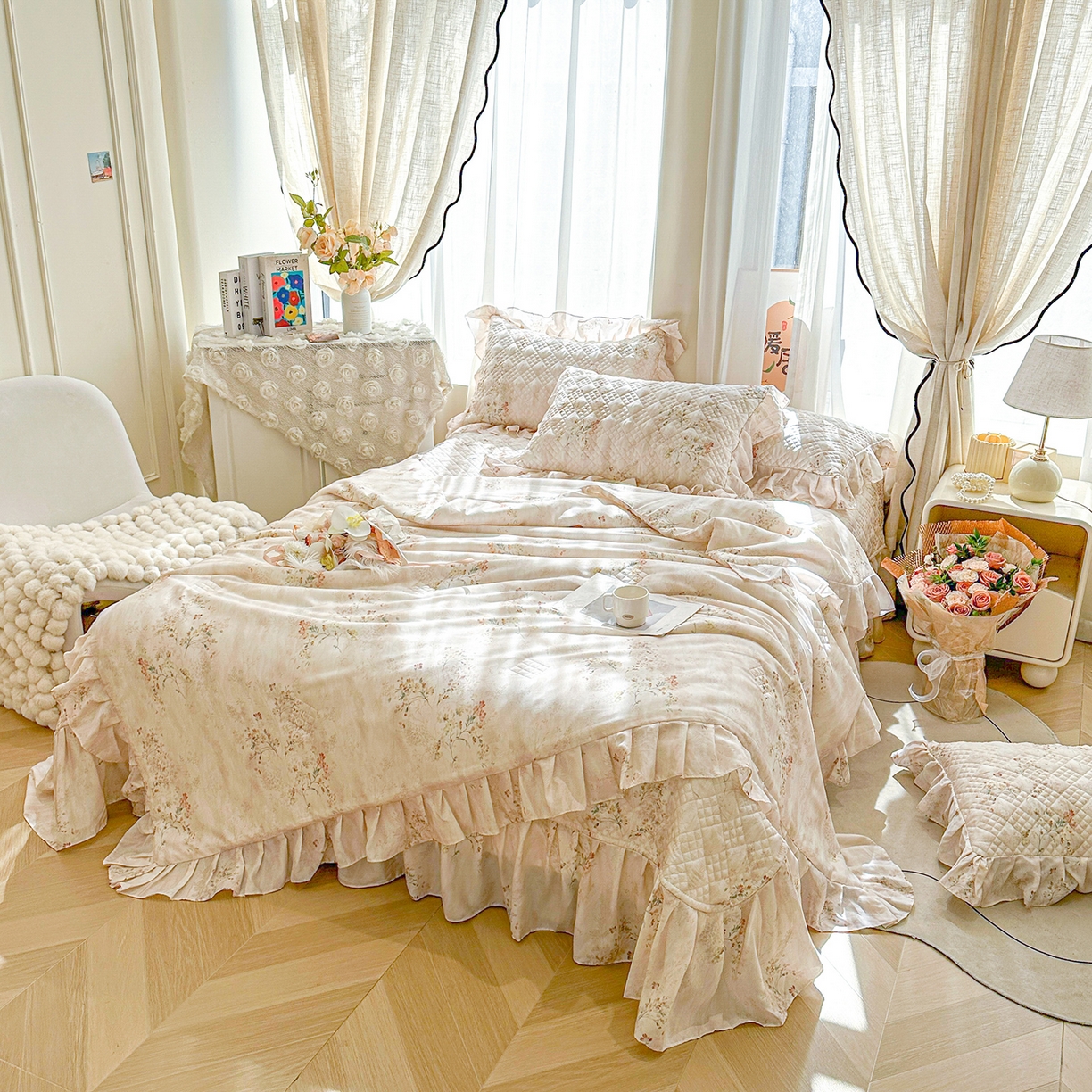 91家纺网 家纺一手货源 找家纺 宜凡 2026新款莱赛尔数码印花夹棉床盖夏被四件套 兰枝玉树