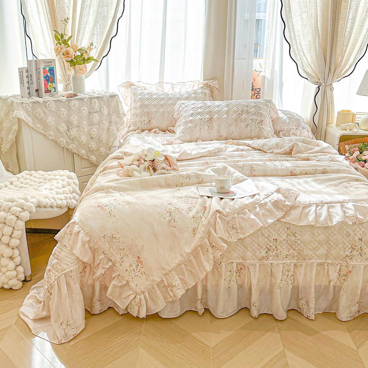 91家纺网 家纺一手货源 找家纺 宜凡 2026新款莱赛尔数码印花夹棉床盖夏被四件套 兰枝玉树