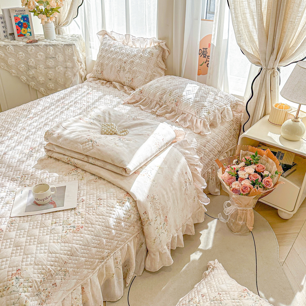 91家纺网 家纺一手货源 找家纺 宜凡 2026新款莱赛尔数码印花夹棉床盖夏被四件套 兰枝玉树