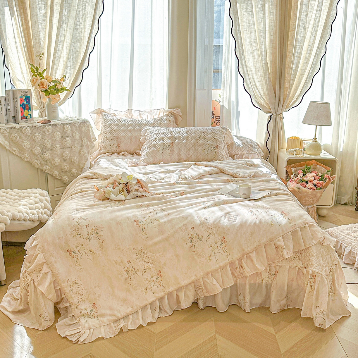 91家纺网 家纺一手货源 找家纺 宜凡 2026新款莱赛尔数码印花夹棉床盖夏被四件套 兰枝玉树