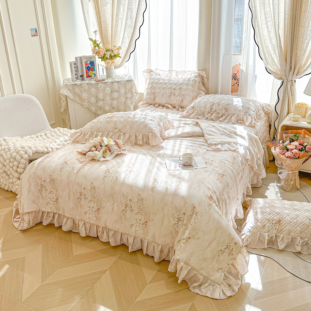 91家纺网 家纺一手货源 找家纺 宜凡 2026新款莱赛尔数码印花夹棉床盖夏被四件套 兰枝玉树