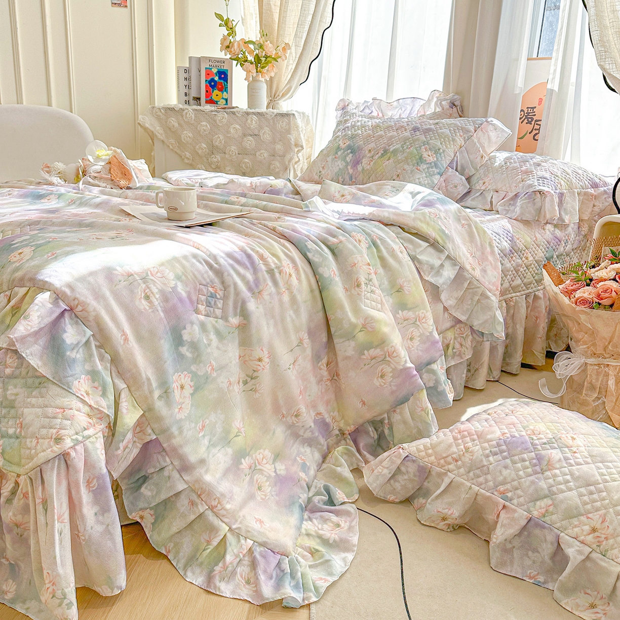 宜凡 2026新款莱赛尔数码印花夹棉床盖夏被四件套 鸢尾幽梦